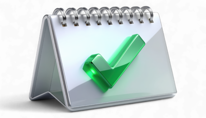 Elegant Desk Calendar with Green Checkmark isolated on transparent background. Glossy Pearl White Productivity Tool. Jewel Like Emblem.