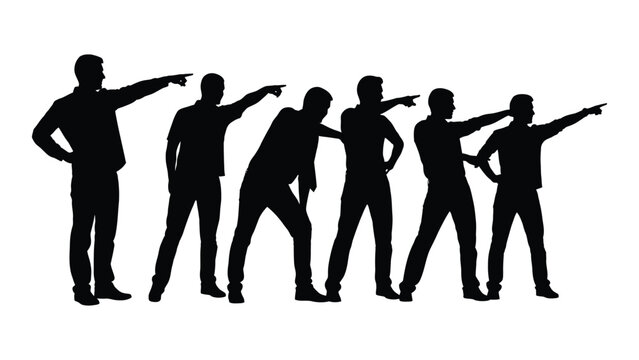 Men silhouettes pointing in unison isolated on white background, Vector
