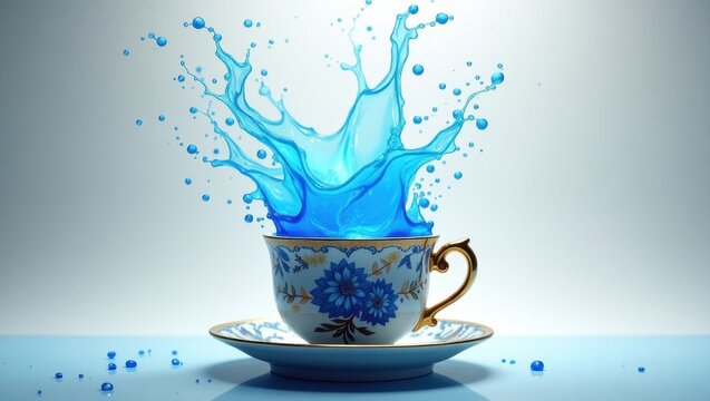 Blue liquid splashing dramatically out of an ornate teacup and saucer