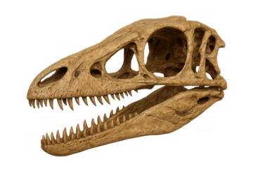 Reconstructing ancient life, fossilized dinosaur skull showcasing prehistoric predator history on transparent background