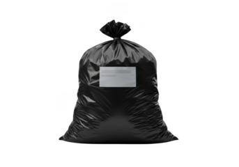 A full black garbage bag with a label attached tied at the top isolated on transparent background