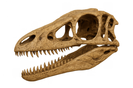 Reconstructing ancient life, fossilized dinosaur skull showcasing prehistoric predator history on transparent background - Powered by Adobe