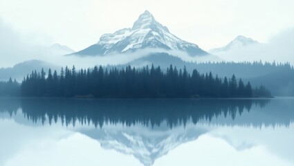 Majestic snow capped mountain reflected in calm lake with pine forest