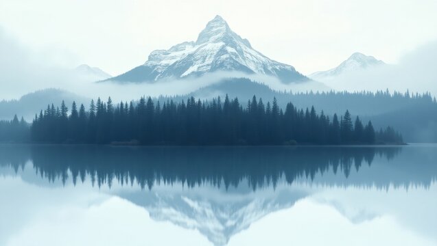 Majestic snow capped mountain reflected in calm lake with pine forest