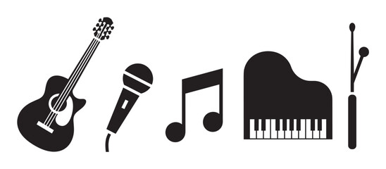 Obraz premium A collection of black silhouette icons depicting musical instruments and elements, including a guitar, microphone, musical note, grand piano, and drumsticks, presented in a clean, graphic style