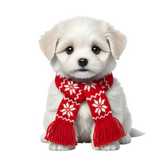 Cute snow puppy with scarf, isolated on transparent background ultrarealistic