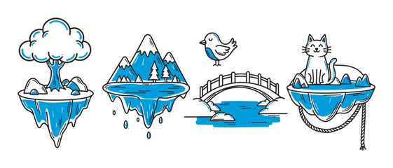 A charming collection of hand-drawn doodle illustrations featuring floating islands, a cute cat, a small bird, mountains, and a bridge, all created in a simple black and blue line art style