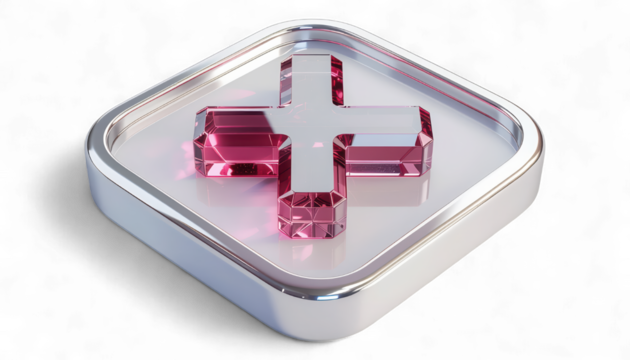 Ruby Medical Cross in Pearl White Square isolated on transparent background. Jewel Like Healthcare Icon. Metallic Silver Edges.