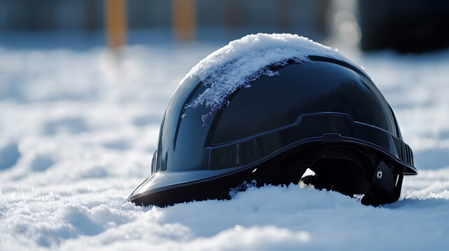 Abandoned safety equipment in a winter scene. A construction worker's hard hat rests on the snow-covered ground, the surface dusted with snowflakes. The bright, cold light adds to the winter mood.