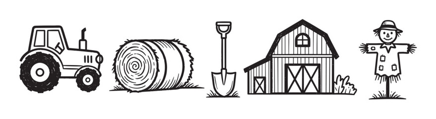 Obraz premium Charming collection of black ink farm life illustrations featuring a tractor, round hay bale, garden shovel, wooden barn, and a friendly scarecrow in a rustic, sketchy style
