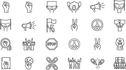 Set of Outline Icons Representing Protests Activism and Social Justice
