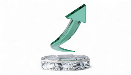 Emerald Growth Arrow on Pearl Pedestal isolated on transparent background. Hyper Realistic Success Concept. Crystal Like Progress.