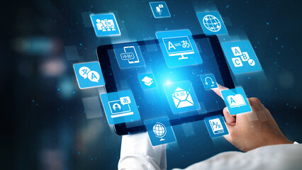 Translation icons show international languages, interpretation, and communication. Translation...