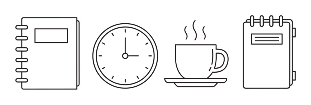 A set of four black and white line art icons depicting office and work essentials, including notebooks, a clock, and a steaming cup of coffee for a productive day