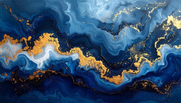 A vibrant abstract composition with flowing blue and gold tones, resembling marble or liquid. Detailed textures create depth - Powered by Adobe