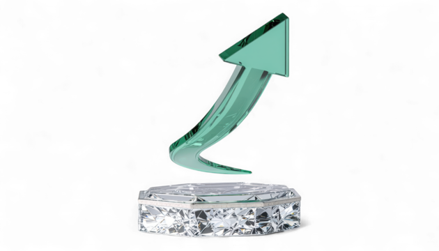 Emerald Growth Arrow on Pearl Pedestal isolated on transparent background. Hyper Realistic Success Concept. Crystal Like Progress.