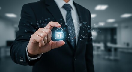 Businessman holding a glowing digital padlock icon with a network of connections, symbolizing data security and cyber protection in a modern office