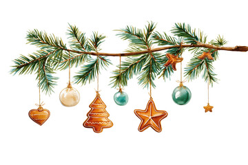 Christmas branch with ornaments hand drawn watercolor