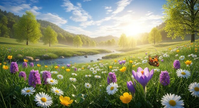 A vibrant, colorful meadow with a butterfly flying over it, surrounded by green grass, yellow daisies, and purple crocuses under a clear blue sky with fluffy white clouds.