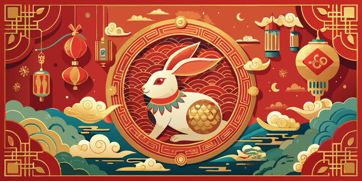 Happy Easter greeting card with bunny illustration and winter celebration new year season ornament