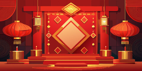 Golden vintage frame card vector design on a red carpet stage for a holiday ornament celebration