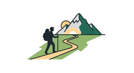 A hiker walking on a trail with a mountain in the background.