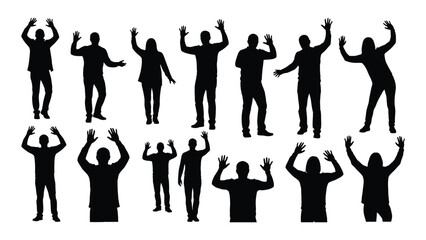 People silhouettes with raised arms isolated on white background, Vector