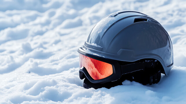 A gray snow sport helmet with reflective orange goggles sits on a textured, snowy surface, capturing winter's essence. Ideal for adventurous spirits and snowy landscapes.