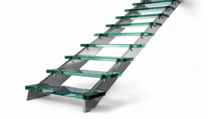 Modern Floating Staircase in Chrome and Emerald Acrylic. 3D Hyper-Realistic Ascending Transparent Steps. Luxury Geometric Growth and Progress Symbol.