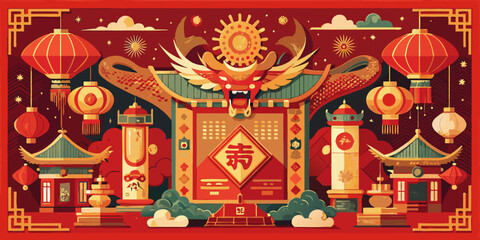 A colorful carousel in the park during the Chinese New Year festival, decorated with traditional oriental and ancient Chinese architecture