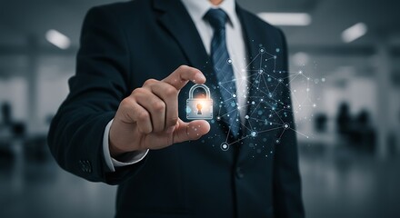 Businessman holding a glowing digital padlock icon with a network of connections, symbolizing data security and cyber protection in a modern office