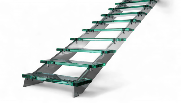 Modern Floating Staircase in Chrome and Emerald Acrylic. 3D Hyper-Realistic Ascending Transparent Steps. Luxury Geometric Growth and Progress Symbol.