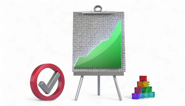 Metallic Easel with Gradient Green Growth Graph and Checkmark. 3D Business Data Visualization with Colorful Blocks. Modern Progress Dashboard with Charts and Icons.