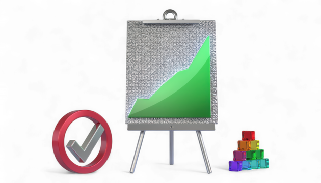 Metallic Easel with Gradient Green Growth Graph and Checkmark. 3D Business Data Visualization with Colorful Blocks. Modern Progress Dashboard with Charts and Icons.
