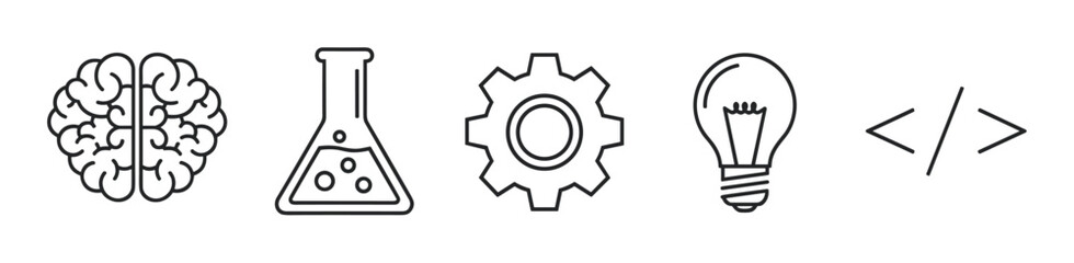 Minimalist icon set with a brain for thinking, a flask for science, a gear for engineering, a lightbulb for ideas, and brackets for coding and web development