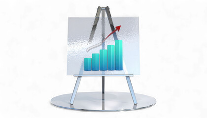 Business Growth Chart on Metallic Easel with Frosted Panel. 3D Financial Data Dashboard with Gradient Teal Bars. Modern Professional Upward Trend Graph.