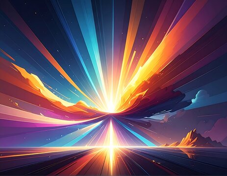 A vibrant abstract composition shows radiant light bursting forth from a central point, radiating across a stylized landscape