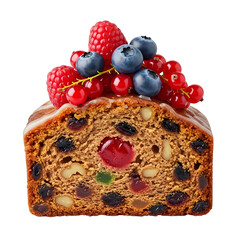 Fruitcake slice with berries, isolated on transparent background ultrarealistic