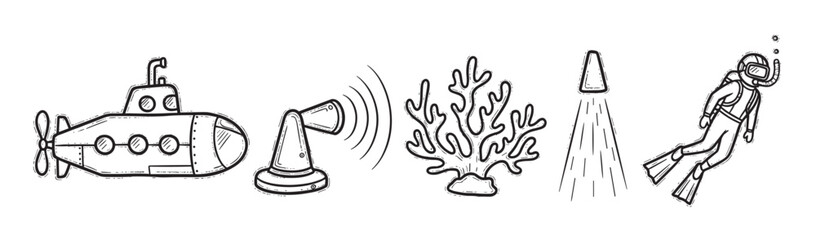 Obraz premium A set of hand-drawn underwater exploration icons featuring a submarine, sonar, coral, light beam, and a scuba diver in a simple black and white doodle sketch style