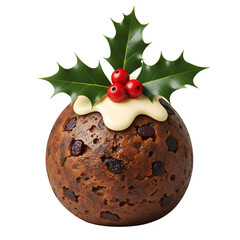 Christmas pudding with holly, isolated on transparent background ultrarealistic