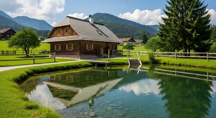 Traditional wooden house by a tranquil pond in a lush green mountain landscape.