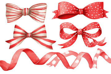 Red and white Christmas bows hand drawn watercolor set