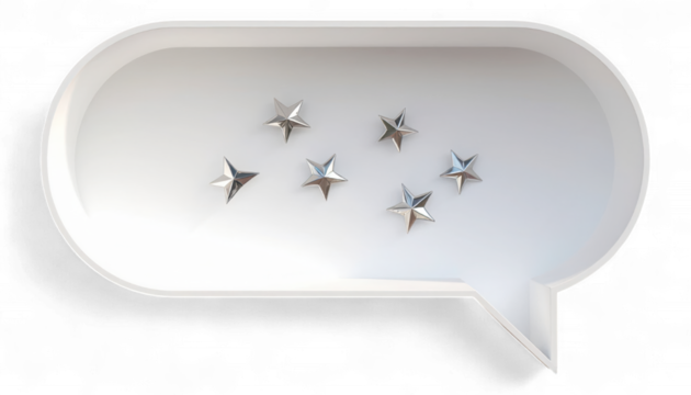 Pearlescent White Ribbon Speech Bubble with Silver Stars. 3D Realistic Five Star Rating Icon. Elegant Glossy Review and Feedback Symbol.