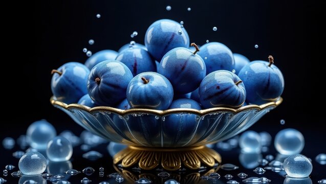 Juicy blue plums in a decorative bowl with water droplets - Powered by Adobe