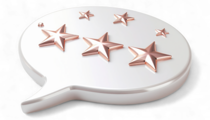 Pearl White Ribbon Speech Bubble with Rose Gold Stars. 3D Hyper-Realistic Luxury Rating Icon. Sophisticated Five Star Review Badge.