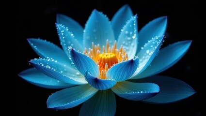 Vibrant blue lotus flower with water droplets on a dark background