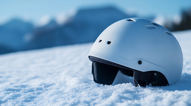 A crisp, clean white ski helmet sits nestled in the snowy foreground, suggesting readiness for winter sports against a blurred mountain backdrop under a bright blue sky.