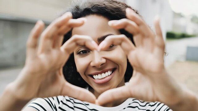Smiling woman making a heart shape with her hands in a loving and affectionate gesture