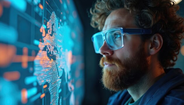 Man with beard and glasses analyzes digital map on futuristic screen. He works with global data, examining logistics and supply chains. Future tech connects him to world information for business.