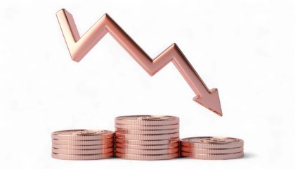 Crimson Downward Arrow Above Stacks of Rose Gold Coins. 3D Financial Downturn and Decline Symbol. Hyper-Realistic Loss and Decrease Icon.